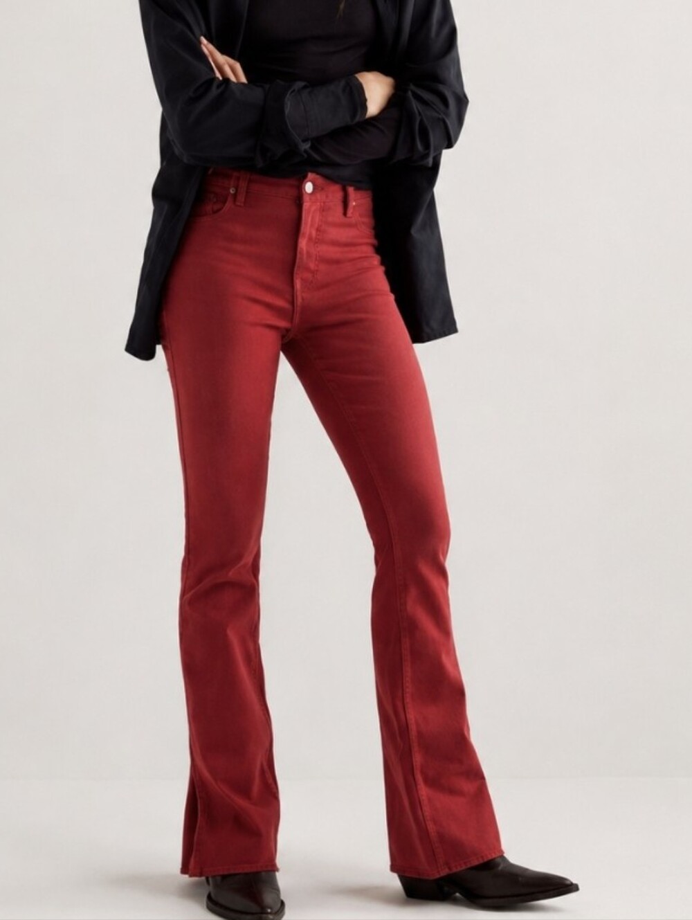 We The Free People Level Up Slit Slim Flare Jeans Cherry Red Sz 29 Raw Hem Denim